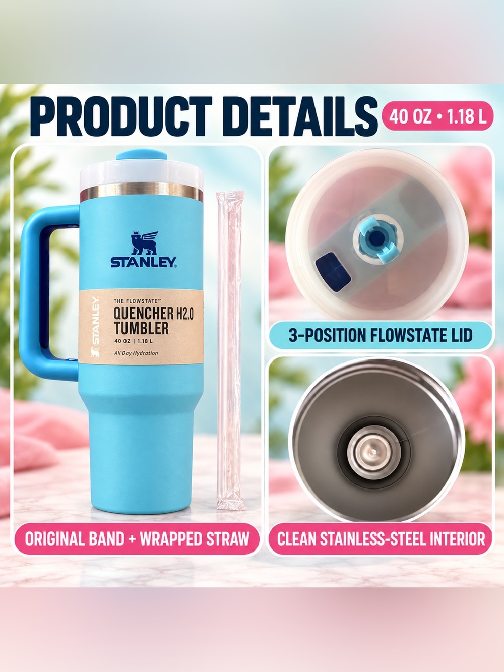 Stanley Blue Quencher H2.0 Tumbler with Wrapped Straw